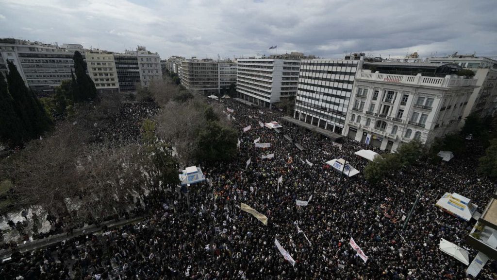 Protesters gather at Syntagma square in central Athens, Greece to mark two years since a deadly rail disaster, Friday Feb 28, 2025