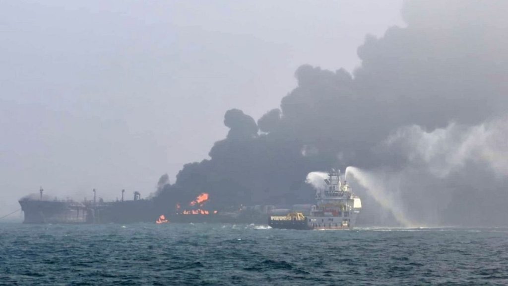 cargo ship hit a tanker transporting jet fuel for the US military off eastern England on Monday, setting both vessels ablaze and sending fuel pouring into the North Sea.